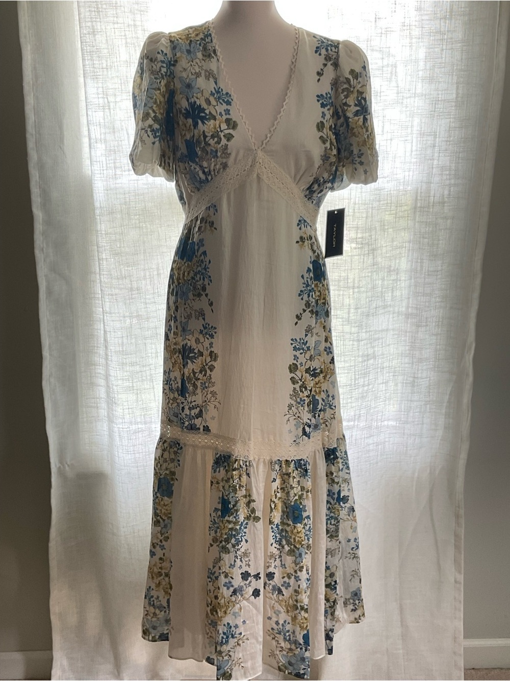 Taylor Blue Floral Cottagecore Puff Sleeve Lace Trim Prairie Midi Dress 10